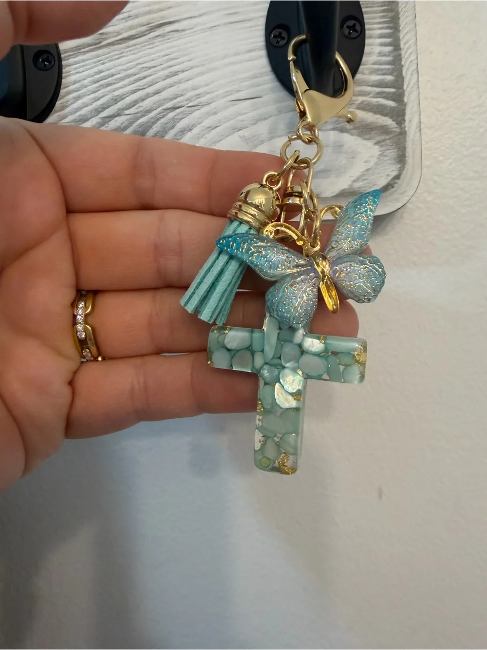 Blue Butterfly & Cross Tassel Keychain Charm
